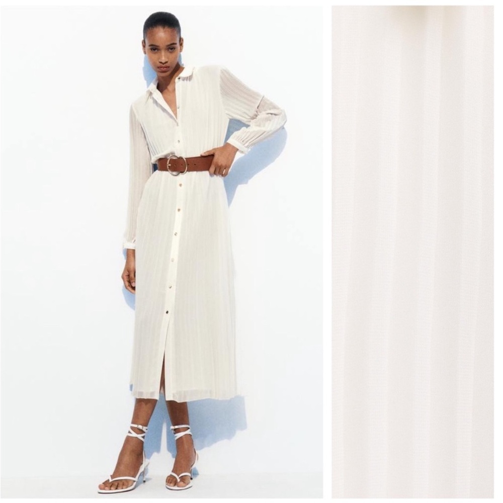 Zara Ecru pleated midi dress with belt